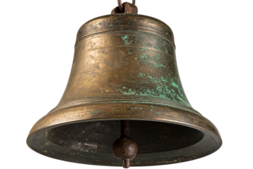Vintage Hanging Brass Bell with Aged Patina, isolated on transparent background