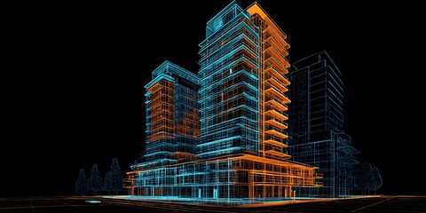 Futuristic architectural blueprint of residential skyscrapers, glowing blue and orange with digital light.