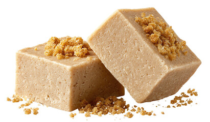Two light beige fudge squares, topped with crunchy bits