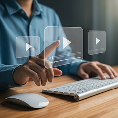A hand interacts with a virtual video player interface, illustrating the concepts of online video, streaming, and digital content.