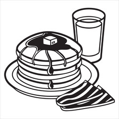 An appetizing cartoon illustration depicts a stack of delicious pancakes with a dollop of butter and a refreshing glass of milk alongside a tasty hamburger