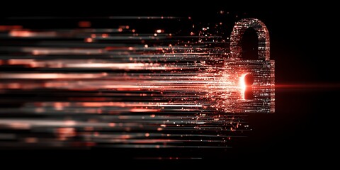 Fast and secure data protection, represented by a glowing padlock with abstract motion lines.