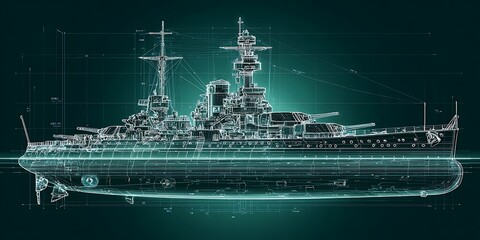 Detailed battleship blueprint with glowing lines, a futuristic naval ship design concept.