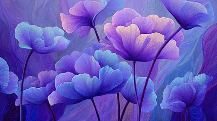 Stylized floral artwork showcasing elegant, curving flowers with gentle lines and gradients in shades of purple