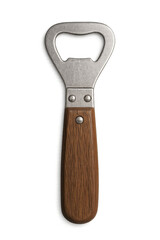 Classic bottle opener with wooden handle on transparent background