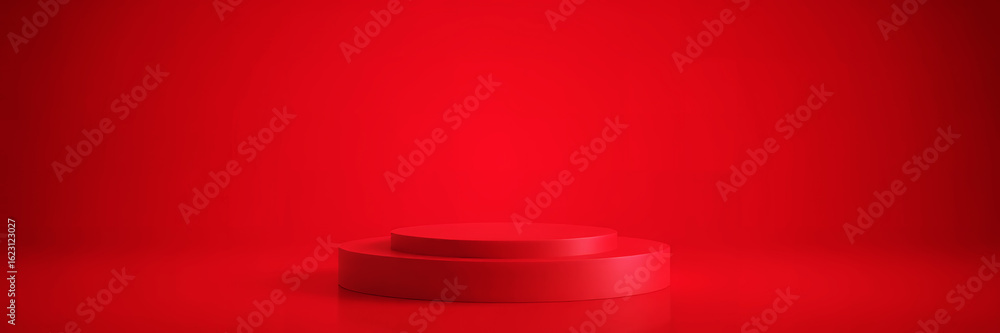 Poster a minimalist red product display stand with two tiers against a solid red background studio shot