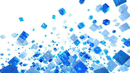 Abstract digital art featuring a multitude of translucent blue and white cubes in motion against a black background.  The cubes vary in size and overlap, creating a dynamic, almost explosive effect