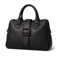 Elegant black leather handbag with buckle closure on transparent background
