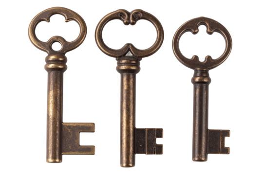 Set of Three Ornate Skeleton Keys with Rusted Finish, isolated on transparent background