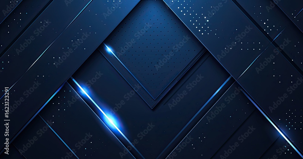 Poster abstract blue geometric background with layered patterns and glowing elements.