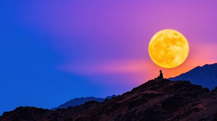 Serene silhouette of a person meditating on a mountain under a vibrant moonlit sky at dusk