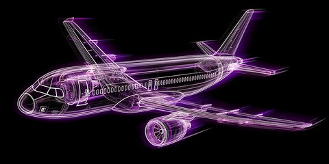 Glowing Purple Wireframe Blueprint of a Commercial Airplane Highlighting Aerospace Engineering