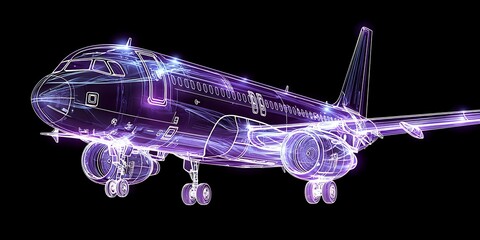 Detailed Purple Wireframe Blueprint of a Commercial Aircraft with Internal Glow