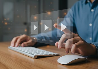 A person's finger selects a video play icon on a transparent screen, signifying digital media consumption and interaction.
