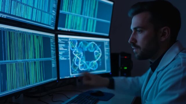 Scientist Analyzing DNA Sequence Data on Multiple Computer Screens in a Dark Lab - Powered by Adobe