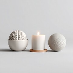 Brain Model, Candle, and Textured Sphere Arrangement