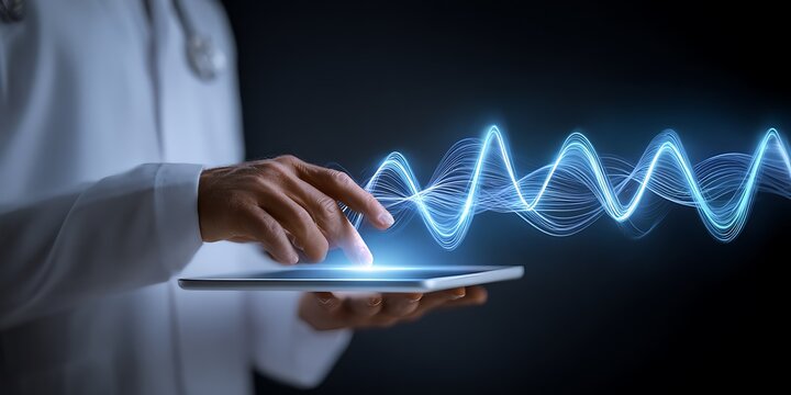 Doctor Interacting with Luminous Blue Waveform on a Digital Tablet for Health Monitoring