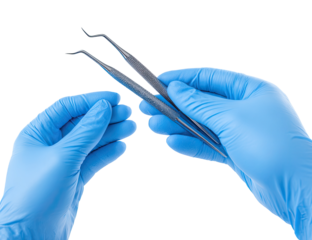 Close-up of two dark gray/black dental tools held by gloved hands