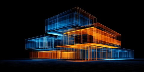 Futuristic Multi-level Building Blueprint with Intersecting Blue and Orange Light Grids