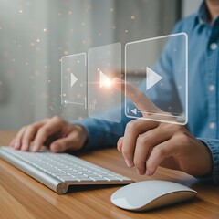 A person's hand interacts with a futuristic video player interface, symbolizing digital content management and streaming.