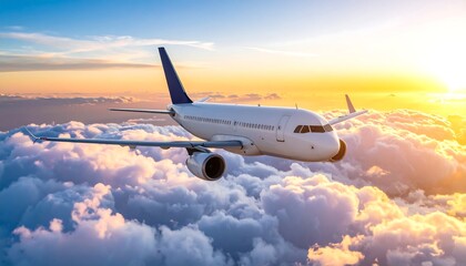 Obraz premium Airplane Soaring Above Golden Sunset Cloudscape
