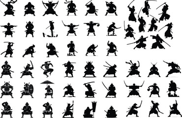 Japanese Samurai Warrior Silhouette Set – Traditional Martial Icon Pack Samurai Warrior Icon Collection – Japanese Sword Fighter Silhouette Art
