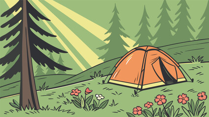 Bright Orange Camping Tent in Sunny Green Forest Meadow &mdash; Ideal for Outdoor Adventures, Kids' Activities, Nature Education Projects, or Eco-Tourism Advertising. Vector Illustration