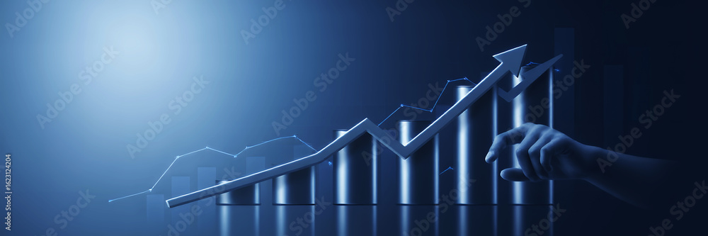 Poster a hand reaching towards a rising graph with bars in a dark blue gradient background scene