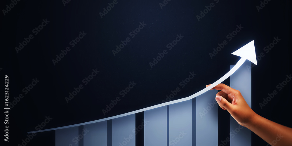 Aufkleber hand interacting with an upward trending arrow on a bar graph against a dark background