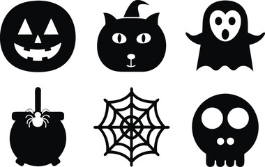 Halloween Icon Collection Spooky Season Imagery Featuring Pumpkin Cat Ghost Cauldron Spiderweb and Skull Designs for Festive Celebrations
