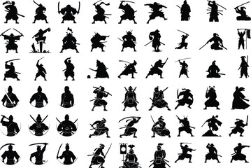 Japanese Samurai Warrior Silhouette Set – Traditional Martial Icon Pack Samurai Warrior Icon Collection – Japanese Sword Fighter Silhouette Art