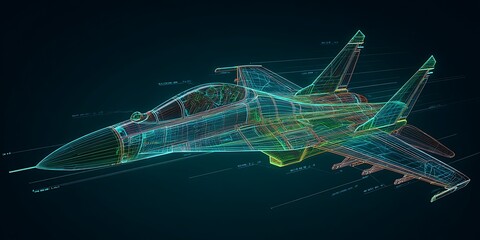 Wireframe Blueprint of a Modern Fighter Jet Illustrating Advanced Aerospace Engineering