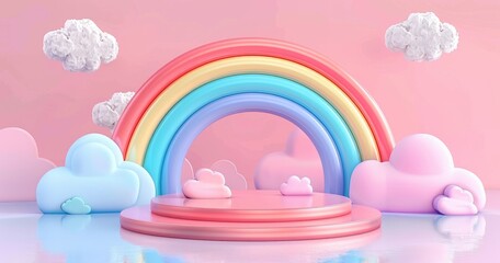 A whimsical stage with a colorful rainbow and soft clouds against a pastel background.