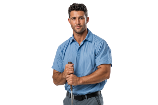 Confident golfer holding a golf club, looking at the camera, ready to play, isolated on white background