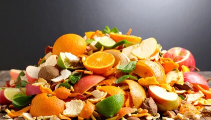 A colorful pile of assorted fruit peels and scraps, showcasing a vibrant mix of oranges, apples, and limes against a dark background.