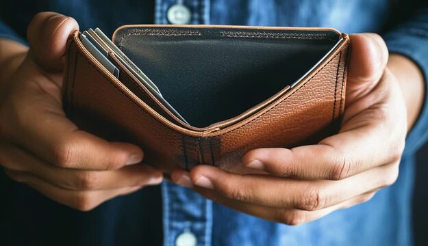 Debt financial concept, stressed problem people asian man, male hand open empty wallet not have budget of money to pay no have credit card, not able payment bill, loan or expense with bank, bankruptcy