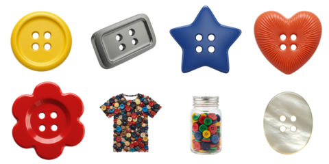 Button set for design, colorful, various shapes, creative background, professional product photography, isolated on white, png, transparent background