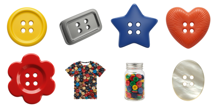 Button set for design, colorful, various shapes, creative background,  professional product photography, isolated on white,  png, transparent background