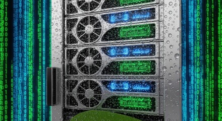 Data center servers with vibrant digital matrix overlay demonstrating high performance computing