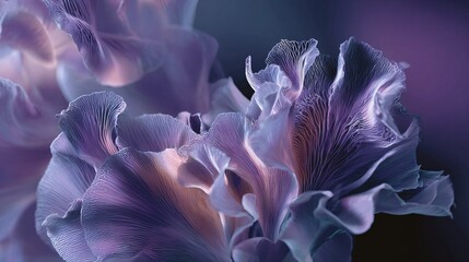 Ethereal floral abstraction showcasing dreamlike flowers in shades of lavender and purple, presented with an artistic, flowing composition