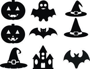 Halloween Silhouette Icons A Spooky and Festive Collection Featuring Pumpkins Ghosts Bats Witches Hats and a Haunted House