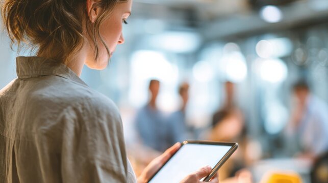 Medium shot of a person analyzing AIwritten marketing content on a tablet the edits and brand tone alerts crisp and clear with the environment and other team members blurred.