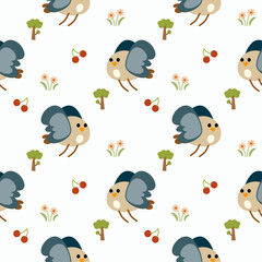 Bird blue wings cartoon so cute. On tree flower cherry white background. Pattern seamless vector illustration. 