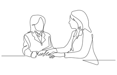 Continuous one line drawing of Two business women discussing signing paper works vector illustration. Editable outline