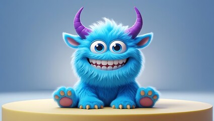 Fototapeta premium Fluffy blue monster with purple horns and big smile image