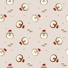 Face penguin and hat cartoon so cute. On mountain snow background. Pattern seamless vector illustration. 