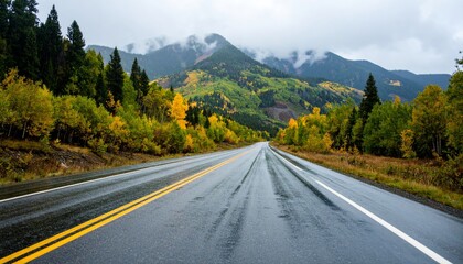 Fototapeta premium A winding road stretches through colorful autumn foliage, framed by misty mountains under a gray sky.