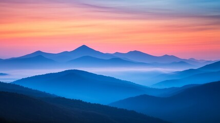 Obraz premium Serene Sunset Mountainscape Blue Hues and Pink Sky, Landscape Photography, Nature Scenery Landscape, Photography