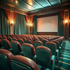 Fototapeta premium Empty movie theater with rows of green and brown seats and a white screen empty theater