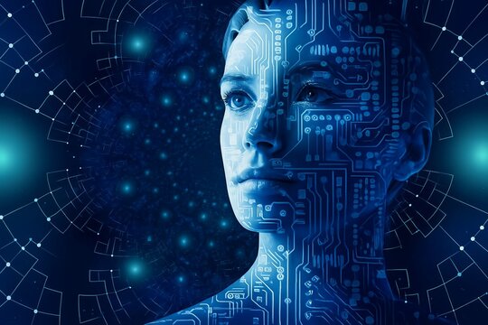 Futuristic woman s face merging with digital circuitry and network connections - Powered by Adobe